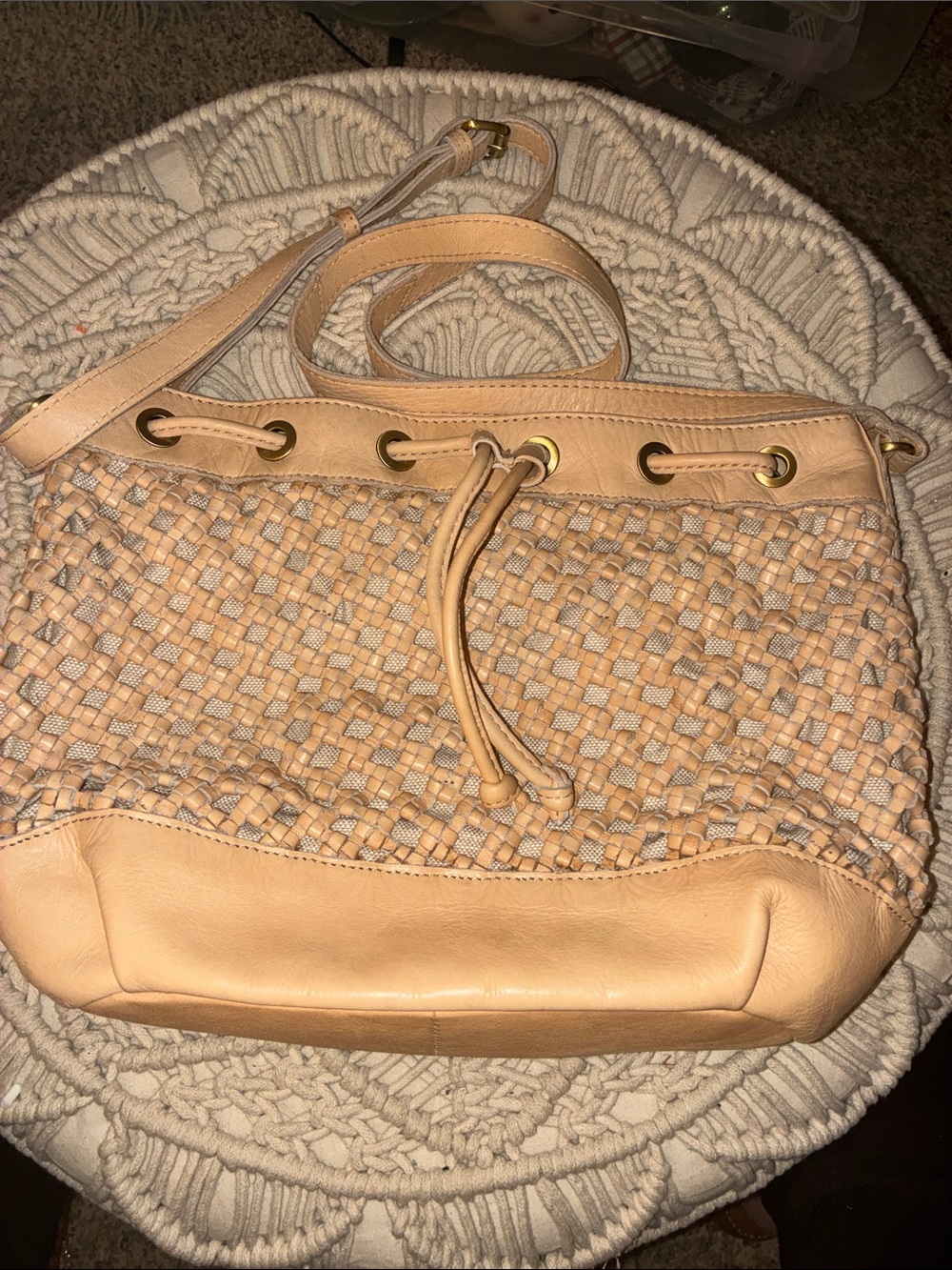 Woven Drawstring Shoulder Bag in Light Peach